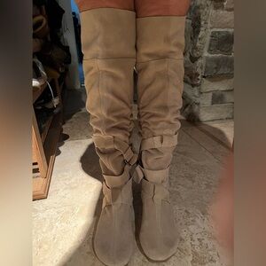 Suede Tall Wrap Over the Knee Boots - Beige